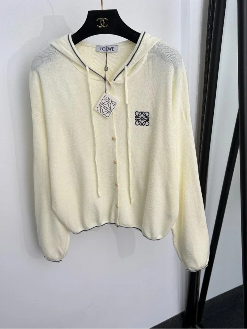 Loewe Cream Hooded Button-Up Cardigan with Black Logo Stitch
